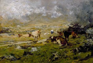 牛が放牧されている山の風景 作： Lorenzo Delleani