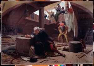 第3回目の航海から帰ってきた探検家・航海士のクリストファー・コロンブス（Christopher Columbus, Cristoforo Colombo, Cristobal Colon）（1451-1506）が、貨物室で鎖につながれている。