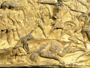 ダビデとゴリアテ、洗礼堂の東の扉、1425-52（金色のブロンズ）（復元後）のオリジナルパネルの詳細
