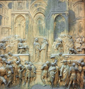ロレンツォ・ギベルティ（1378-1455）の低レリーフ神殿でソロモン王がサバの女王を迎える 1424-1452 フィレンツェ、バプティステールの楽園の門 作： Lorenzo Ghiberti