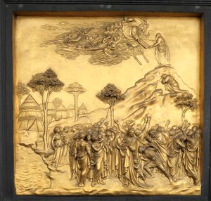 律法の板を受け取るモーセ、レリーフ、洗礼堂の楽園の門、2015年（写真） 作： Lorenzo Ghiberti