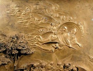 アダムの物語」、「天使と共にいる父なる神」の詳細（洗礼堂東扉のオリジナルパネルの一つより 作： Lorenzo Ghiberti