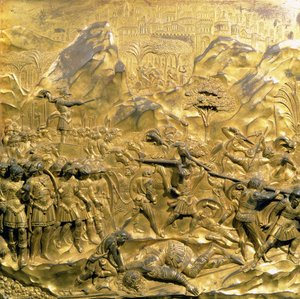 洗礼堂の東の扉のオリジナルパネル、デイヴィッドとゴリアテの物語、1425-52（金銅）（復元後）