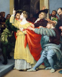 聖ルシアの祭壇画」または「判事の前の聖ルシア」。 作： Lorenzo Lotto
