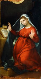 ロレンツォ・ロット（1480 ca- 1556）による「聖母受胎告知」、1525年頃、パネルに油彩、82.5x42 cm。 作： Lorenzo Lotto