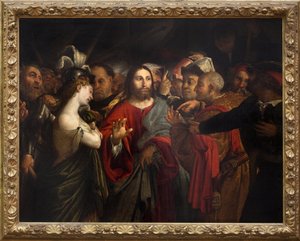キリストと姦淫の女ロレンツォ・ロット（1480-1556）の絵画、油彩・キャンバス 作： Lorenzo Lotto