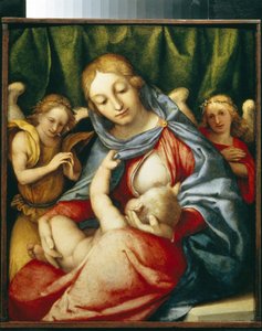 授乳中の聖母。 （マドンナ・デル・ラテ）。 ロレンツォ・ロット (1480-1556) の絵画、キャンバスに油彩、1520 年頃。 イタリア美術 (ヴェネツィア) 作： Lorenzo Lotto