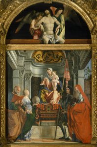 ロレンツォ・ロット（1480年頃～1556年）の「聖母と聖人」、油彩・キャンバス 作： Lorenzo Lotto
