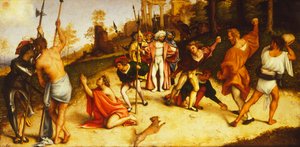 聖シュテファンの殉教、ロレンツォ・ロットによるマルティネンゴの祭壇画の分割 (1480 年頃 - 1556 年)、パネルに油彩、51x97 cm、1516 年頃 作： Lorenzo Lotto