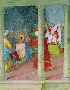 聖バーバラの生涯の場面、裁判官の前の聖バーバラの詳細、1532-24 作： Lorenzo Lotto