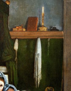 燭台と本が置かれた棚、受胎告知の細部、1434年頃、ロレンツォ・ロット（1480-1556）作、油彩・キャンバス 作： Lorenzo Lotto