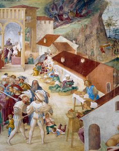 兵士、庶民、市場、「Stories of Saint Barbara」より詳細 作： Lorenzo Lotto