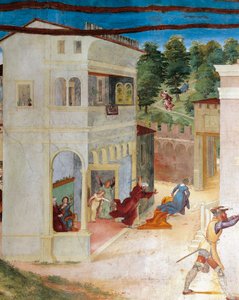 父に襲われた聖バルバラ、ロレンツォ・ロット（1480年頃～1556年）作「聖バルバラのキリスト-ブドウと伝説」のフレスコ画、細部、スアルディ荘、スアルディのカペラ、トレスコア・バルネアリオ 作： Lorenzo Lotto