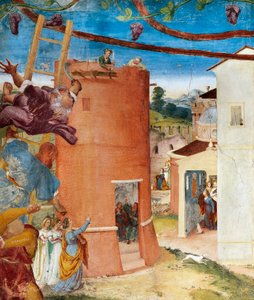 塔の中の聖バルバラ、ロレンツォ・ロット（1480年頃～1556年）作「聖バルバラのキリスト-ブドウと伝説」より、フレスコ画、細部、スアルディ荘、スアルディ城、トレスコーレ・バルネアリオ