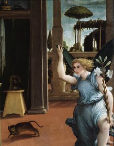 受胎告知、天使のディテール 作： Lorenzo Lotto