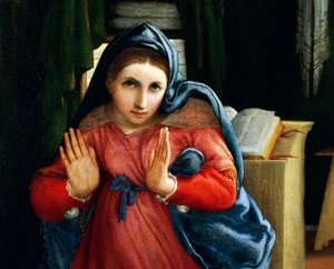 発表された聖母、受胎告知からの細部、1434年頃、ロレンツォ・ロット（1480-1556）作、油彩・キャンバス 作： Lorenzo Lotto