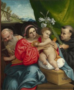 彼は聖人ジェロームとトレンティーノのニコラスとの聖母子 作： Lorenzo Lotto