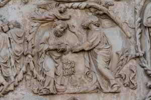 フリースを絞るギデオン、ジェシーの木とメシアの予言の詳細、創世記の物語、ロレンツォ・マイターニ（1275年から1330年以前）による浅浮彫り、イタリア、ウンブリア州、オルヴィエート大聖堂のファサードの第二の柱 作： Lorenzo Maitani