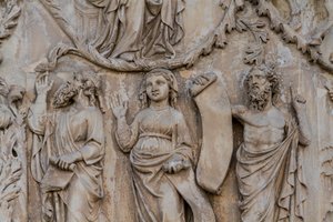 預言者たち、ジェシーの木とメシアの予言の詳細、創世記の物語、ロレンツォ・マイターニ（1275年から1330年以前）による浅浮彫り、イタリア、ウンブリア州、オルヴィエート大聖堂のファサードの第二の支柱