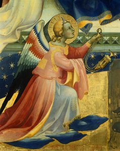 Polvistuva enkeli, yksityiskohta Lorenzo Monacon (noin 1370-1425) Neitsyt kruunaamisen keskipaneelista, paneelissa tempera ja kulta, 506x447, 5 cm 作： Lorenzo Monaco