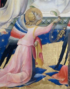 ひざまずく天使、ロレンツォ モナコ作の聖母戴冠式の中央パネルの詳細 (1370 ～ 1425 年頃)、パネルにテンペラと金、506x4475 cm
