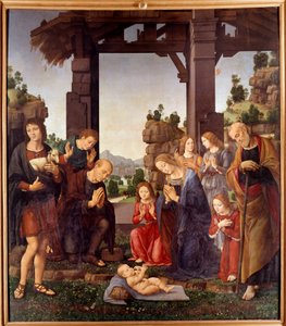 羊飼いたちの礼拝 ロレンツォ・ディ・クレディ（1458-1537）の絵画 15世紀 日2,24x1,96 m フィレンツェ、ウフィツィ美術館（オフィス 作： Lorenzo di Credi