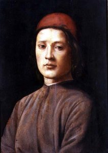 赤い帽子をかぶった青年の肖像」（油彩・パネル 作： Lorenzo di Credi