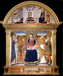 聖母子と聖人ブレイズ、洗礼者ヨハネ、ニコラス、フロリアン。受胎告知、1462 作： Lorenzo di Pietro