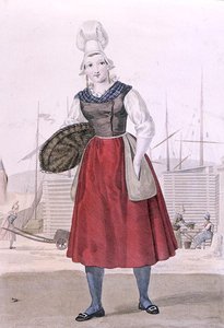 ディエップの魚売りの伝統的な衣装、1820年頃Gatineが彫ったもの（カラー彫刻） 作： Louis Marie (after) Lante