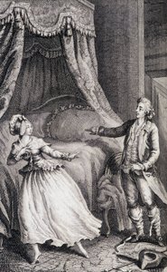 寝室のベッドの前にいるカップル - Restif de La Bretonne (1734-1806)の「Les francaises ou 34 examples chosen in the current mores fit to lead daughters, women, wives, mothers」（Binet作、ヌフシャテル）に掲載されています。