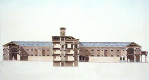 ブリュッセル新刑務所の断面図、ピエール・ジャック・ゲッヘッビュール著「Choix des Monuments, Edifices et Maisons les plus remarquables du Royaume des Pays-Bas」より、著者が彫ったもの、1827年発行（アクアチント）。 作： Louis (after) Damesme