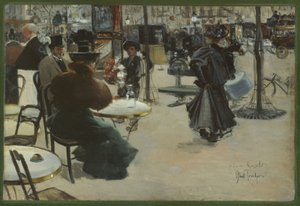 街路の風景、カフェのテラスとしても知られる、1895年頃（木に油彩） 作： Louis Abel Truchet