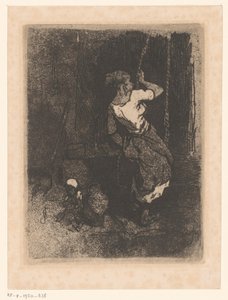 井戸から水を汲む女性と隣に座っている子供 作： Louis Adolphe Hervier (attributed to)