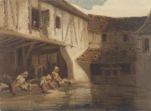 団地のオープンホールで水上で洗い物をする女性たち 作： Louis Adolphe Hervier (signed by artist)