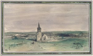 モンティニー、フィールドの真ん中にある教会と村、1866年（紙にペンとインクとトイレ） 作： Louis Adolphe Hervier