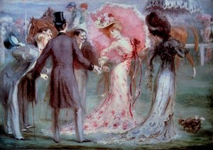 いい時間だ。"Weighting" 競馬にこだわって若い女性を吟味する男性たち。ルイ・アンケタン（1861-1932）の絵画、20世紀 個人蔵
