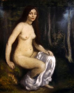 森の中で座っている若い女性 作： Louis Anquetin