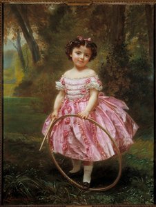 マドモアゼル・エアーラーフープで遊ぶ少女、ルイ・アントワーヌ・レオン・リーズネル（1808-1878）の絵画 作： Louis Antoine Leon Riesener
