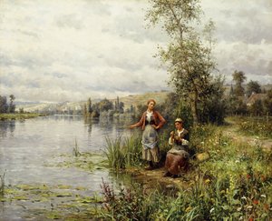 夏の午後に釣りをする田舎の女性 作： Louis Aston Knight