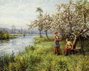夏の日に釣りをした後の田舎の女性（キャンバスに油彩） 作： Louis Aston and Daniel Ridgway Knight