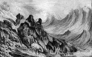 ダニエル・デフォー（De foe）の著書「ロビンソン・クルーソー」（1837年フランス版）のために、M.ド・サンソンが描いた絵をもとにした彫刻である。