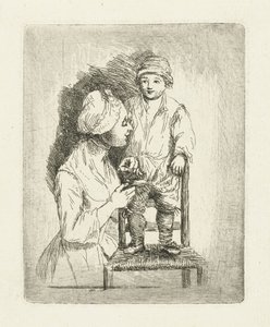息子のズボンのボタンを留める母親 作： Louis Bernard Coclers