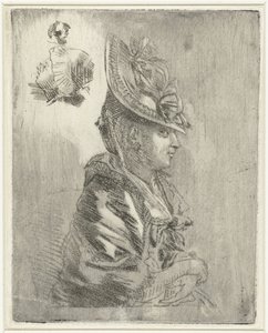帽子をかぶった若い女性の肖像画と 2 枚の小さい肖像画を含む学習シート 作： Louis Bernard Coclers