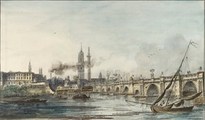 18世紀後半、聖マグナス教会とモニュメントに向かってテムズ川を渡る景色 作： Louis Bélanger