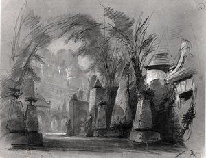 ヴィクトル・ユーゴー（1802-85）の「レ・ブルグラーヴ」（1843年）のセットデザイン（紙に鉛筆? 作： Louis Boulanger