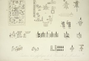 メンドーサコレクションの象形文字の絵、アレクサンドルフォンフンボルトとエイムボンプランドによるコルディジェラの景色とアメリカ先住民の記念碑のイラスト、1813 作： Louis Bouquet