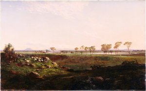 マウントフィアンズウールシェッド1869年のキャンパーダウン近くのウールシェッド 作： Louis Buvelot