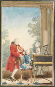 ヴォルフガング・アマデウス・モーツァルト（1756年ザルツブルク-1791年ウィーン）の肖像。父ジャン＝ゲオルグ＝レオポルド、妹マリア＝アンナとパリで演奏している。