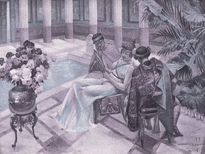ボッカチオの『デカメロン』の挿絵「ティトゥスとギシプス」（ナバラ社刊）1930年代（リトグラフ）。