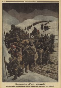 第一次世界大戦中、アルバニアに逃れる農民の列を守るセルビア軍。 作： Louis Charles (after) Bombled
